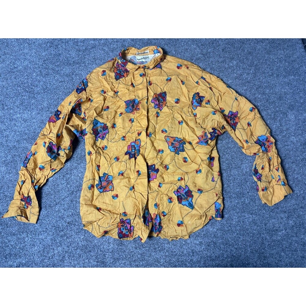Diane Von Furstenberg Blouse Womens L Gold Collared Long Sleeve Rayon Print Top